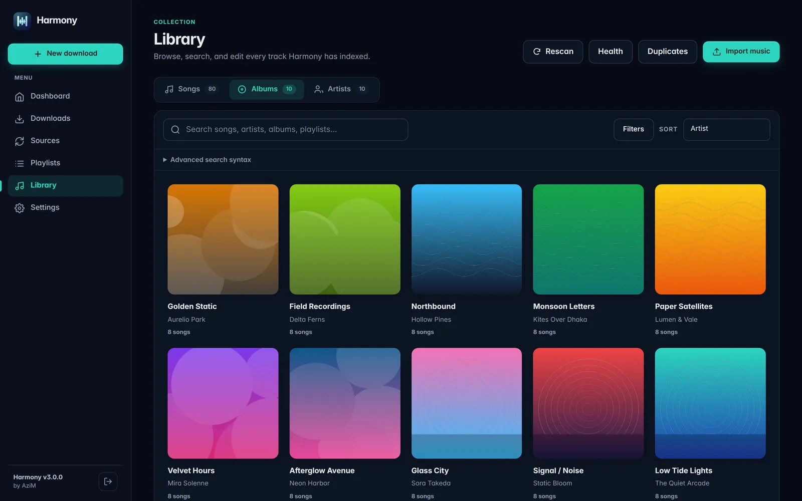 Library album grid with square artwork