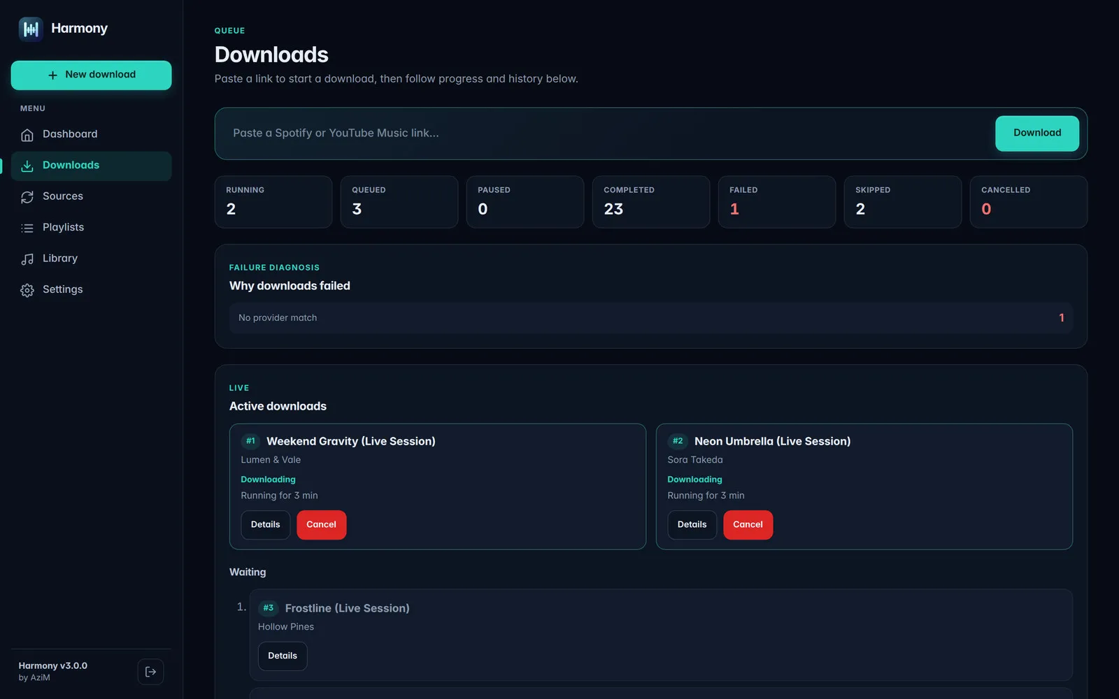Downloads page with a link box, queue summary, failure diagnosis and active downloads