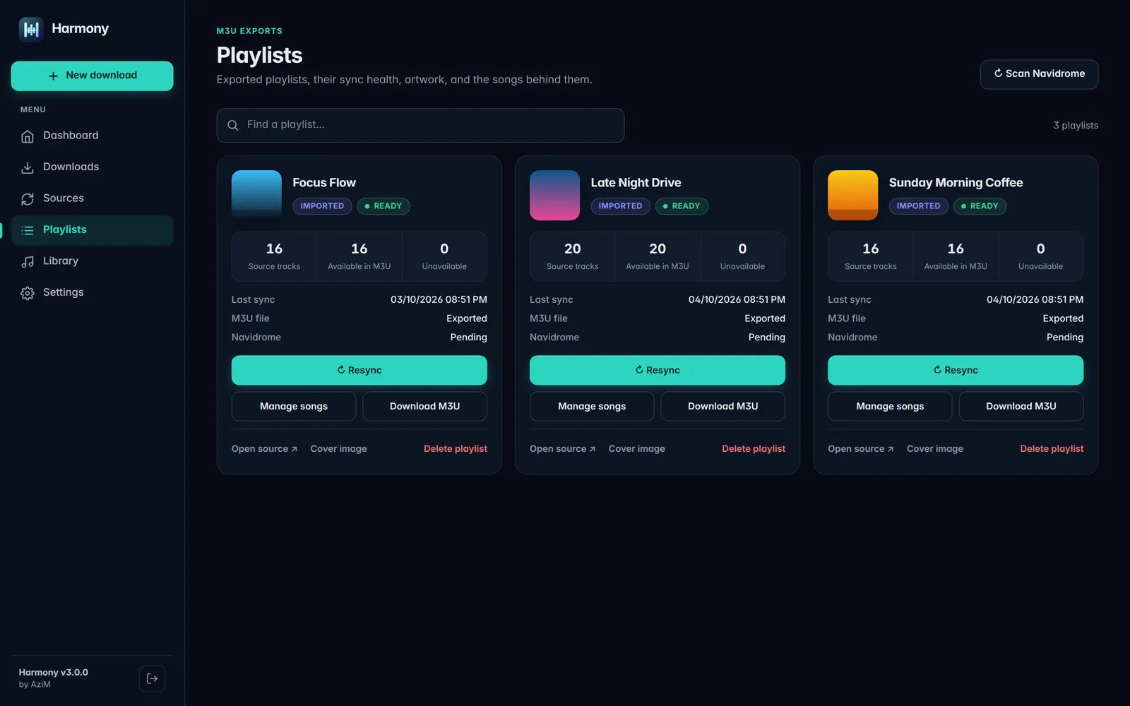 Playlists page with exported M3U playlists, sync health and actions