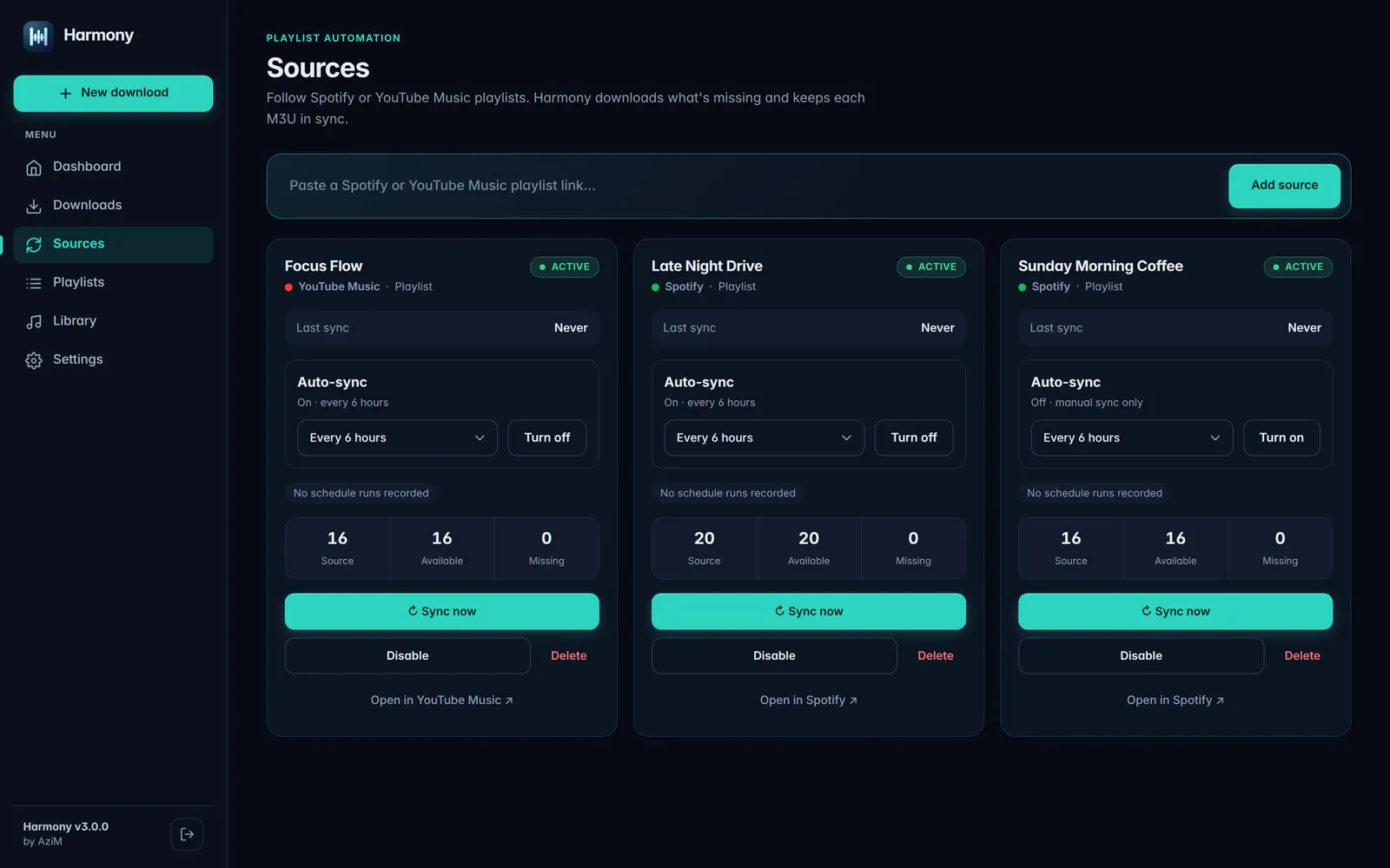Sources page with Spotify and YouTube Music playlists and auto-sync controls