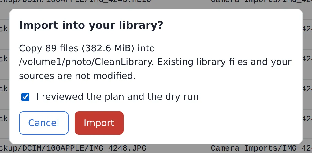 Confirmation dialog to copy 89 files into the clean library, with a required checkbox confirming the plan and dry run were reviewed