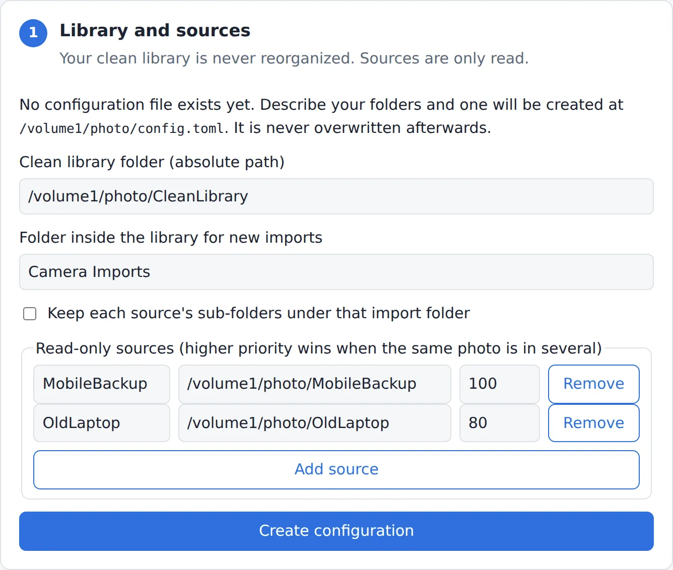 Setup form with a clean library folder, an import folder and two prioritised read-only sources