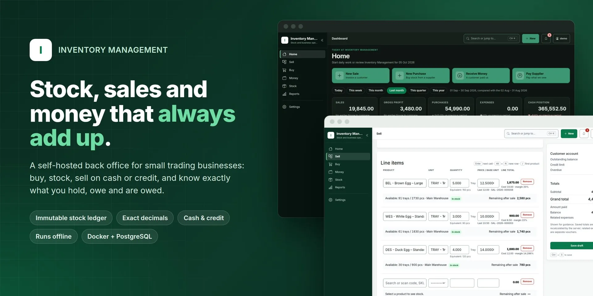 Inventory Management dashboard and sales line-item editor in dark and light themes