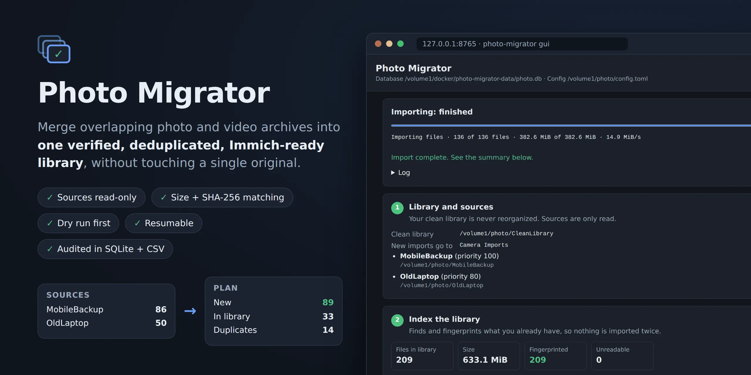 Photo Migrator's web interface after an import, beside a plan of 89 new files, 33 already in the library and 14 duplicates