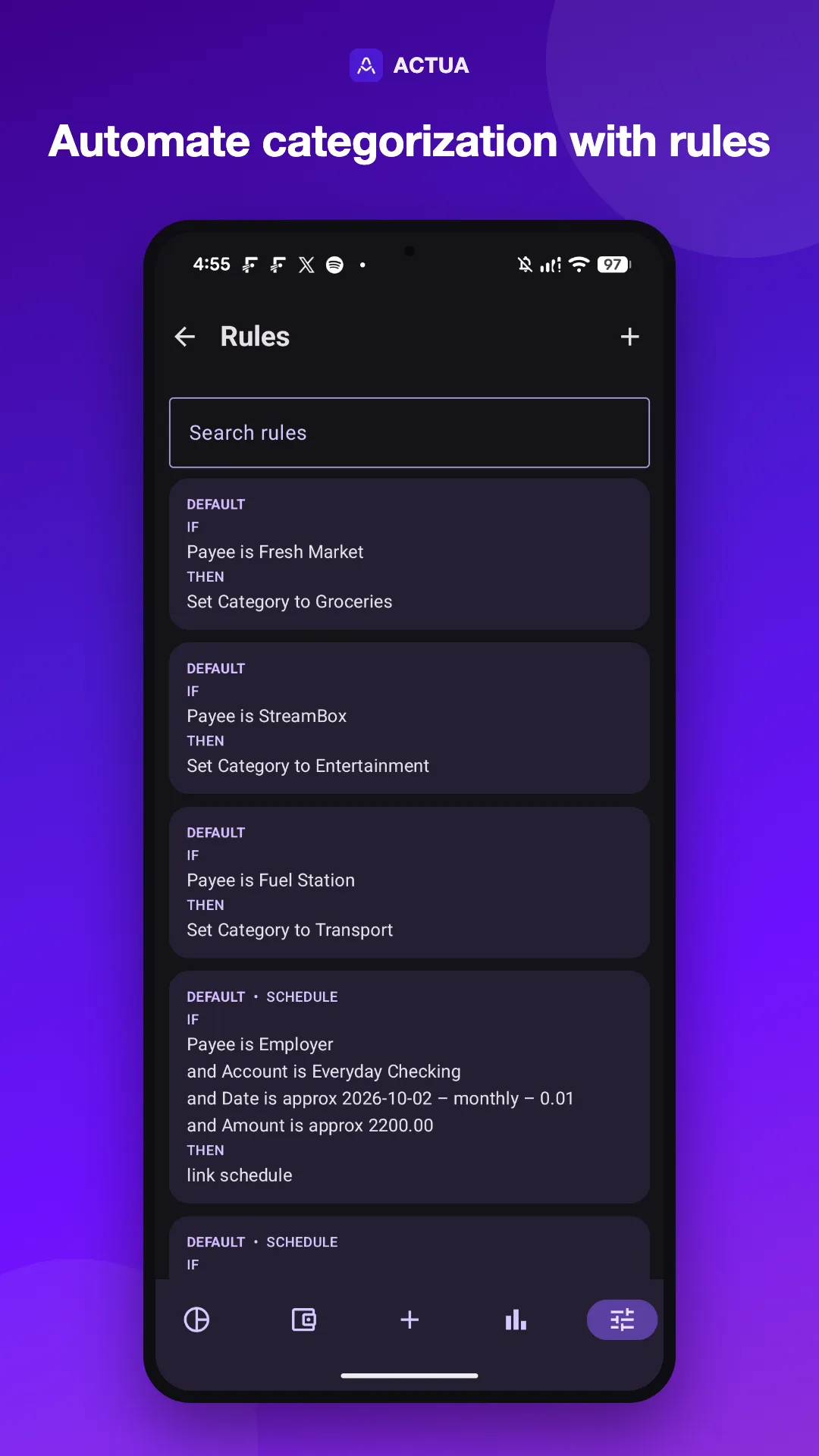 Rules screen for automatic categorisation
