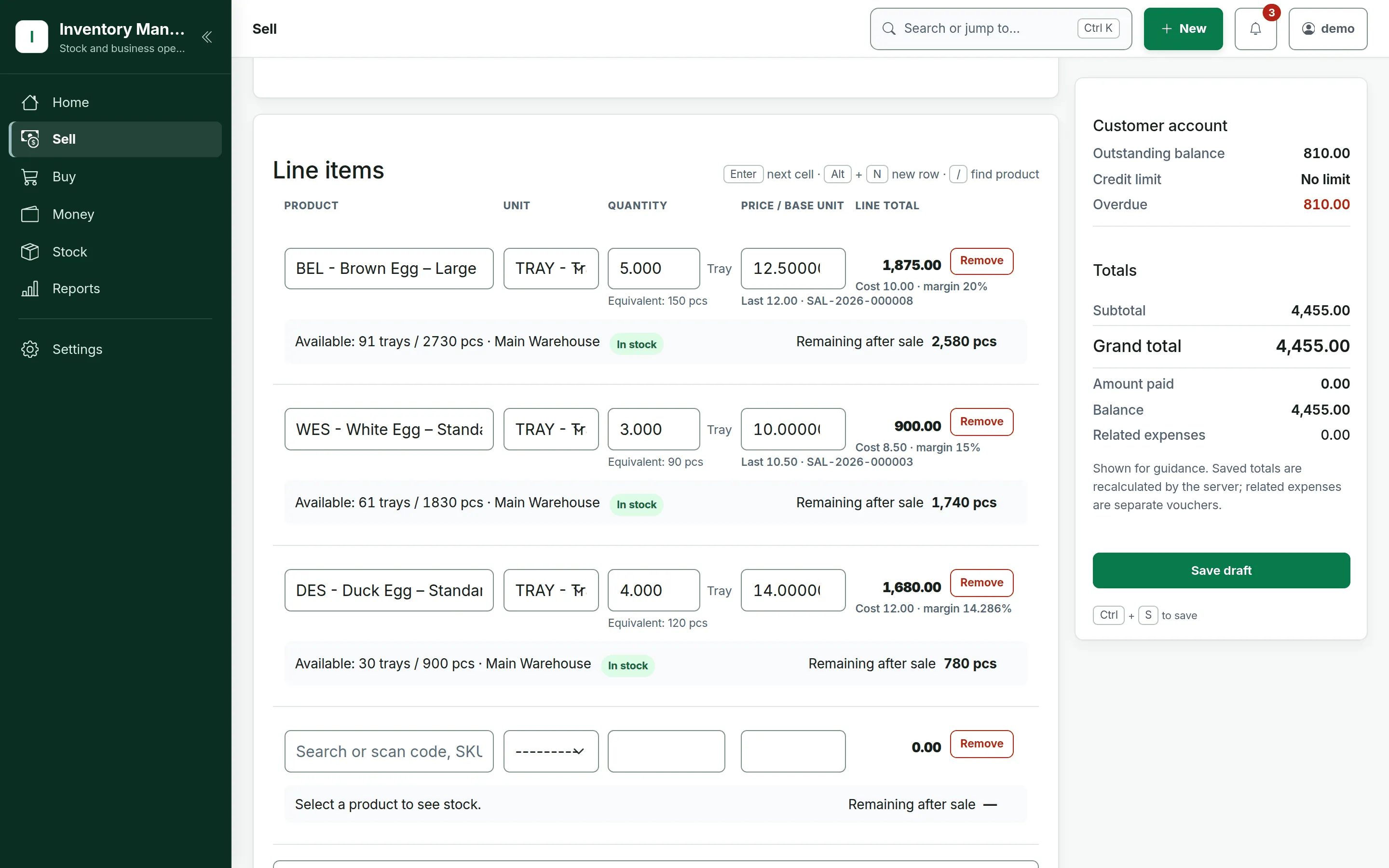 Sales invoice line-item editor showing stock availability, cost and margin per line
